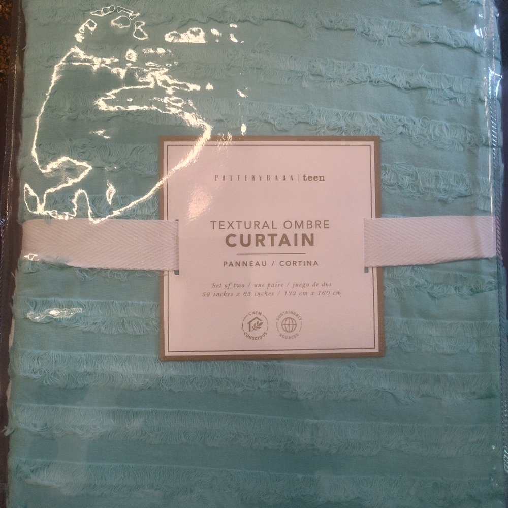 NEW S2 Set Pottery Barn Teen ombré drape Curtains Turquoise 52x63 Textural